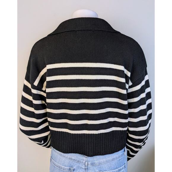 Olivaceous Ronald Black White Striped Deep V-Neck Collared Crop Sweater Medium - Picture 7 of 10
